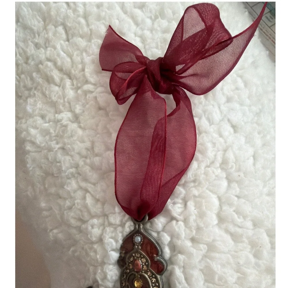 Vintage Ornate Enamel Rhinestone Cross Ornament OS Burgundy Metal Victorian